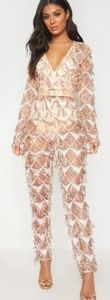Champagne gold sheer tassle sequin jumpsuit pant  romper